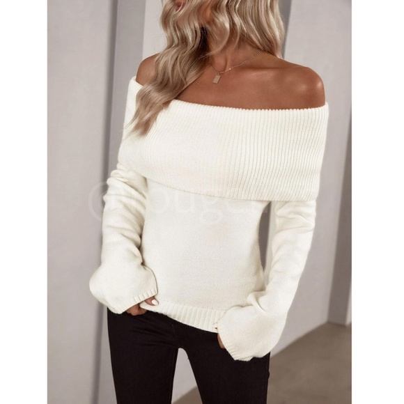 Cream Off The Shoulder Fold Over Sweater Pullover Knit Long Sleeve - Picture 12 of 13